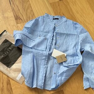 100% Linen - Light Blue - Women’s Ruffle Collar Button Down Shirt - New With Tag